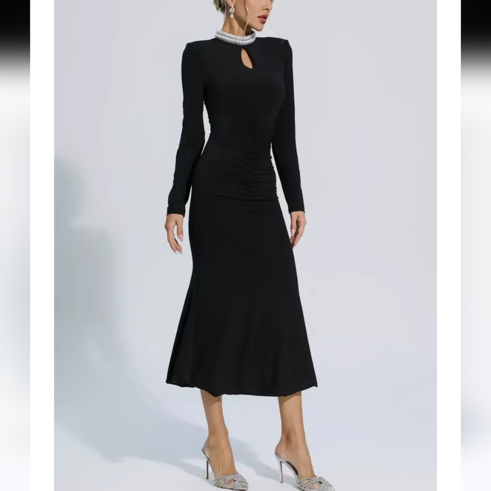 NOWT Catchall Christina Black Pearl Decorated LongSleeve Dress, Sz L - Picture 4 of 16